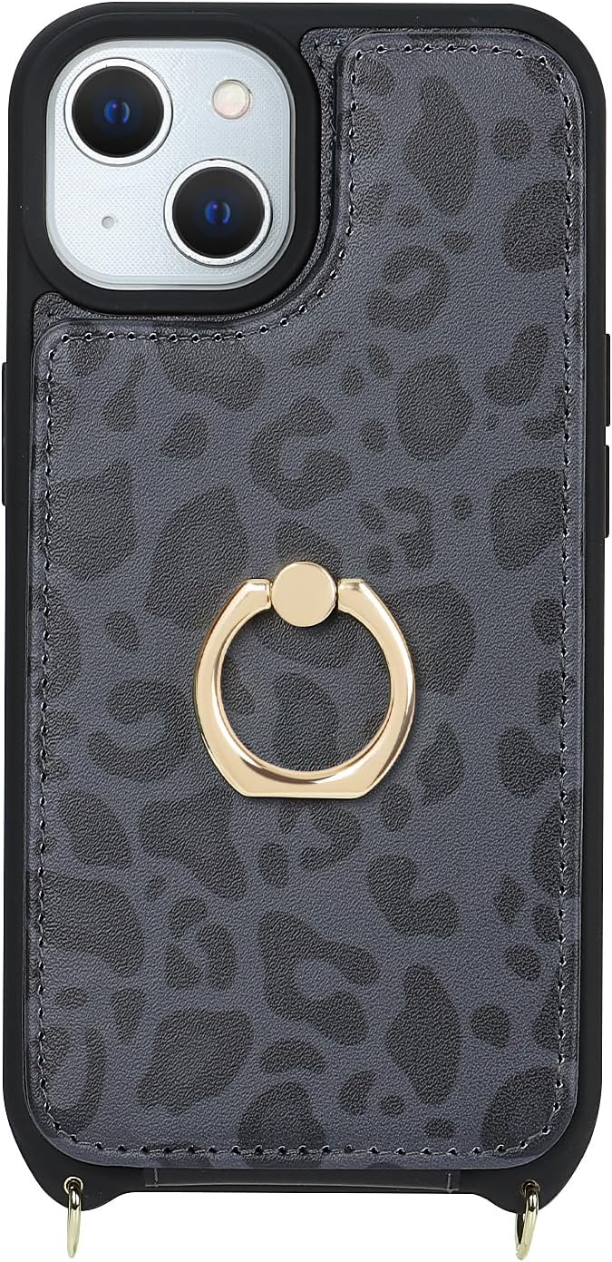 Lipvina for iPhone 14 Plus Case with Card Holder and Strap for Women,Crossbody Lanyard,RFID Blocking,Stand Ring Kickstand,Snap Clasp,Cute Phone Wallet Cases 6.7 inch - Black Leopard