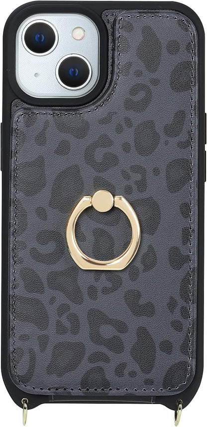 Lipvina for iPhone 14 Plus Case with Card Holder and Strap for Women,Crossbody Lanyard,RFID Blocking,Stand Ring Kickstand,Snap Clasp,Cute Phone Wallet Cases 6.7 inch - Black Leopard