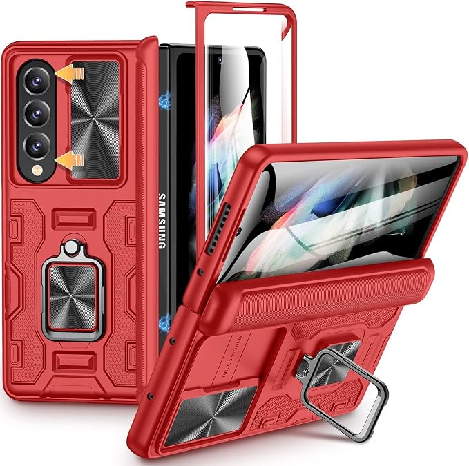 VEGO for Galaxy Fold 4 Case, Samsung Z Fold 4 with Slide Camera Cover | Hinge Protection & Screen Protector, Built-in 360° Magnetic Ring Stand Case for Samsung Galaxy Z Fold 4 5G 2022 - Red