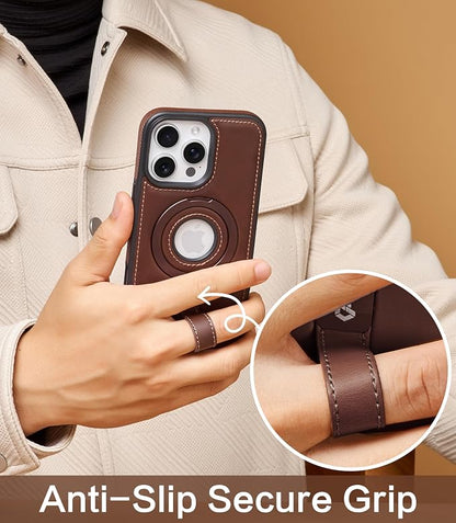 for iPhone 14 Pro Max Leather Case with Stand, Anti-Slip Grip Ring, Fits for MagSafe (Cocoa, iPhone 14 Pro Max)