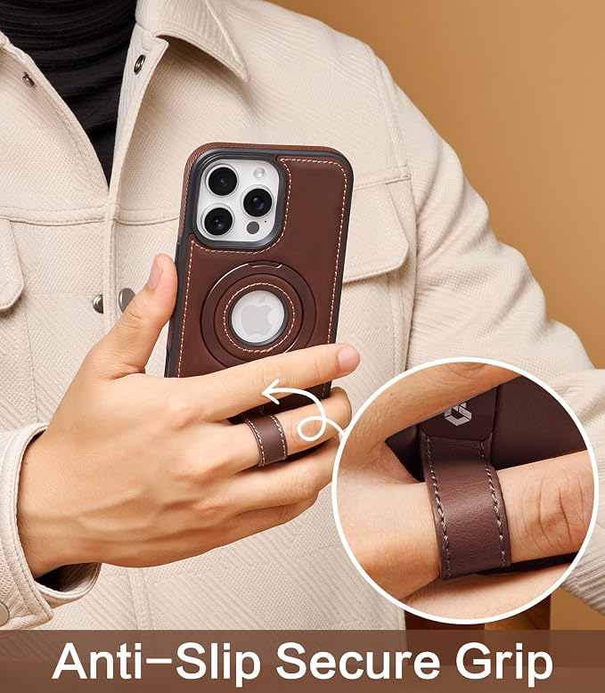 for iPhone 15 Pro Max Leather Case with Stand, Anti-Slip Grip Ring, Fits for MagSafe (Cocoa, iPhone 15 Pro Max)