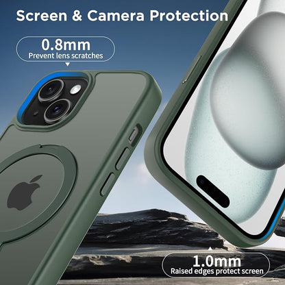 CACOE Magnetic Case for iPhone 15 6.1 inch with 360 Rotatable Ring Stand, Compatible with MagSafe Car Phone Mount, iPhone 15 Cases Cover Phone Holder for Desk Meeting/Videos Dark Green