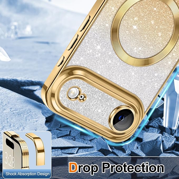 Hython for iPhone Air Case Glitter Clear Magnetic Phone Cases [Compatible with MagSafe] Full Camera Lens Protector Sparkle Luxury Plating Slim Shockproof Protective Cover Women, Gradient Gold