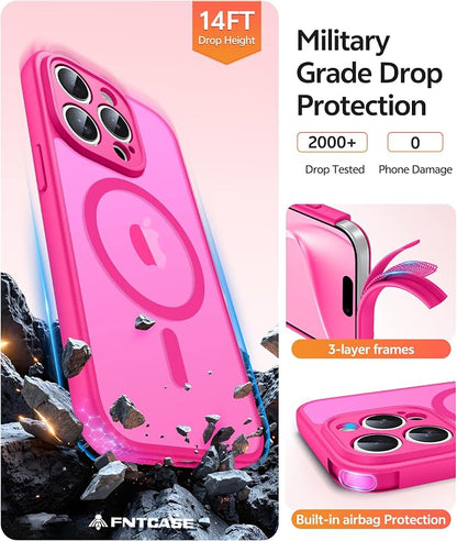 FNTCASE for iPhone 15 Pro Max Case: [Compatible with Magsafe] Translucent Matte Cases with [Full Camera Protection] [Screen Protector] Military Grade Shockproof Protective Phone Cover - Hot Pink