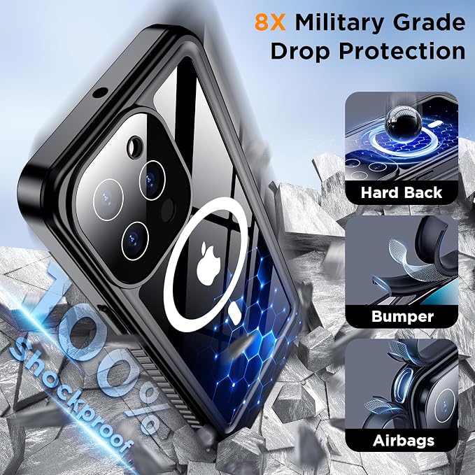 Temdan Magnetic for iPhone 13 Pro Max Case Waterproof, Built-in Screen Protector[IP68 Underwater][Compatible with MagSafe][Military Dropproof] Protective Case for iPhone 13 Pro Max-Black/Clear