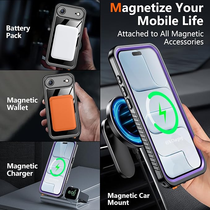 SPIDERCASE Magnetic for iPhone Air Case Waterproof, Built-in Lens & Screen Protector,[IP68 Underwater][15FT Military Shockproof] [Dustproof] Full Body Protection Cover for iPhone 17 Air 6.5’’,Purple