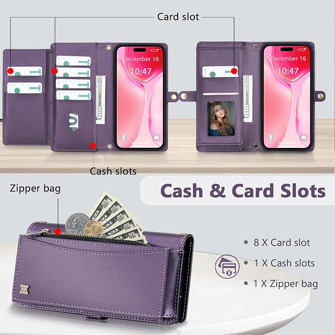 Wallet Case for iPhone 15 Plus with Card Holder/Crossbody Wallet/Strap| RFID Blocking | Magnetic | Kickstand | Detachable | PU Leather Phone Case for iPhone 15 Plus,6.7 in,Purple