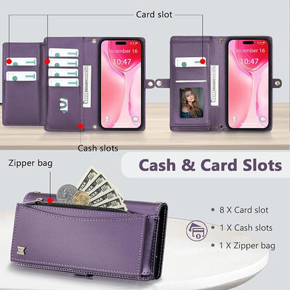 Wallet Case for iPhone 15 Plus with Card Holder/Crossbody Wallet/Strap| RFID Blocking | Magnetic | Kickstand | Detachable | PU Leather Phone Case for iPhone 15 Plus,6.7 in,Purple