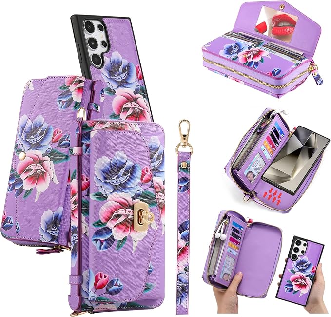 LITOU Compatible for Samsung Galaxy S26 Ultra Crossbody Phone Case,Detachable Magnetic,Card Holder,Zipper Leather Wallet Wrist Lanyard Strap Case for Women Men.PurpleFlower