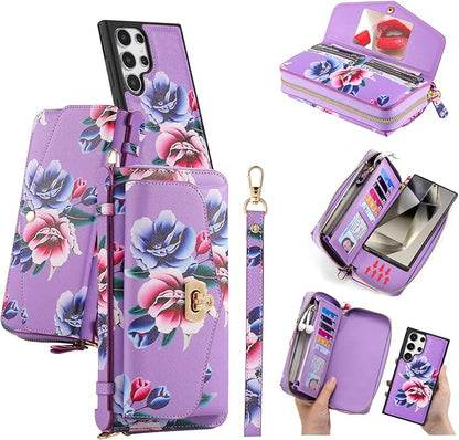 LITOU Compatible for Samsung Galaxy S26 Plus Crossbody Phone Case,Detachable Magnetic,Card Holder,Zipper Leather Wallet Wrist Lanyard Strap Case for Women Men.PurpleFlower