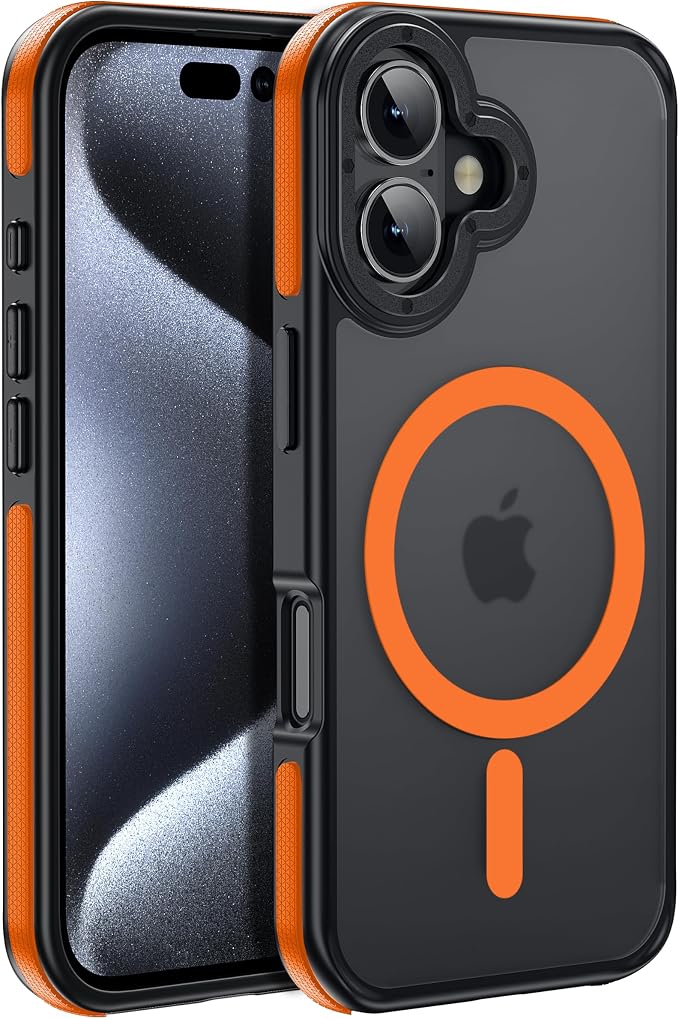 Strong Magnetic for iPhone 16 Plus case [10Ft Military-Grade Protection] Compatible with fit MagSafe Shockproof Slim Thin Cover 6.7 inch 16 Plus Phone case, Orange Bumper