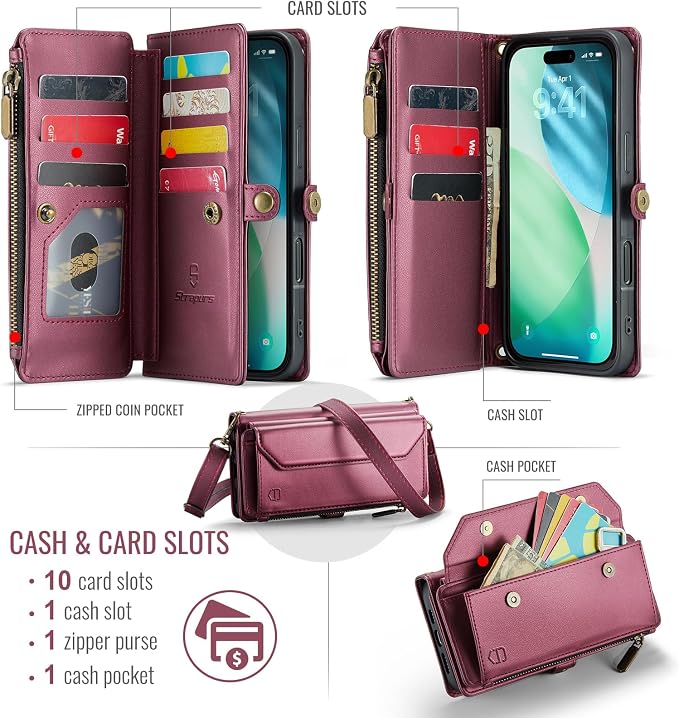 Strapurs Wallet Case Compatible with iPhone Air 6.5" RFID Blocking 10-Card Holder Soft PU Leather Magnetic Snap Shoulder Strap Zipper Pocket Phone Case Fit for iPhone 17 Air for Women - WineRed