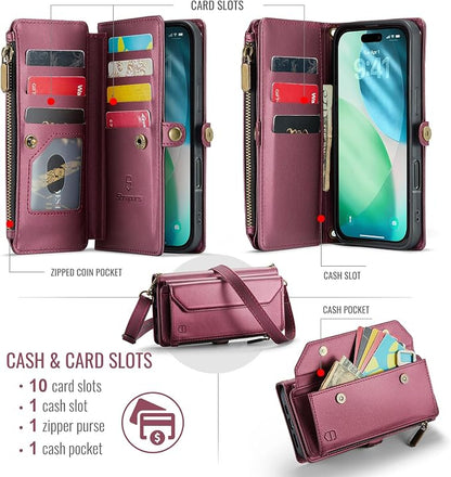 Strapurs Wallet Case Compatible with iPhone Air 6.5" RFID Blocking 10-Card Holder Soft PU Leather Magnetic Snap Shoulder Strap Zipper Pocket Phone Case Fit for iPhone 17 Air for Women - WineRed
