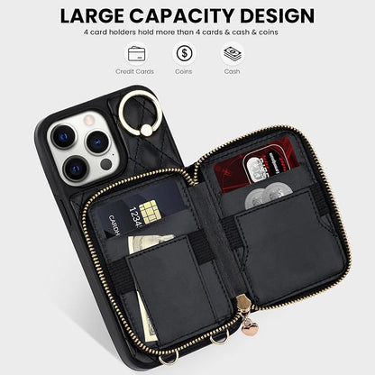 Keallce Case for iPhone 12 Pro/iPhone 12 6.1'' Wallet Case, Crossbody Zipper Purse Handbag Wristlet for Women, RFID Blocking Card Holders, Ring Kickstand Flip Leather Cover for iPhone 12/12 Pro, Black