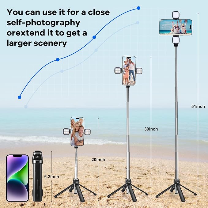 MQOUNY Mini iPhone Tripod Stand & Selfie Stick with Wireless Remote & Removable Light, Extendable Stand 360 Rotation Compatible with iPhone & Android Samsung (Black)