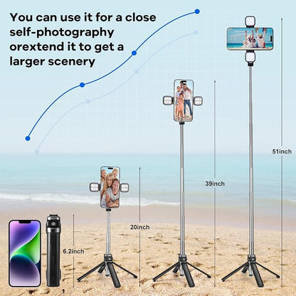 MQOUNY Mini iPhone Tripod Stand & Selfie Stick with Wireless Remote & Removable Light, Extendable Stand 360 Rotation Compatible with iPhone & Android Samsung (Black)