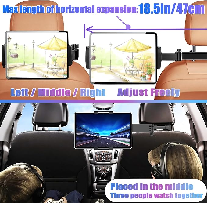 2026 Car Headrest Tablet Holder 2 Pack, (3 in 1 Extension Arm) Tablet Mount for Car Backseat, for Phone iPad Pro Air Mini Galaxy, for Most Tablets/Phones, Fits Larger Tablets - Black