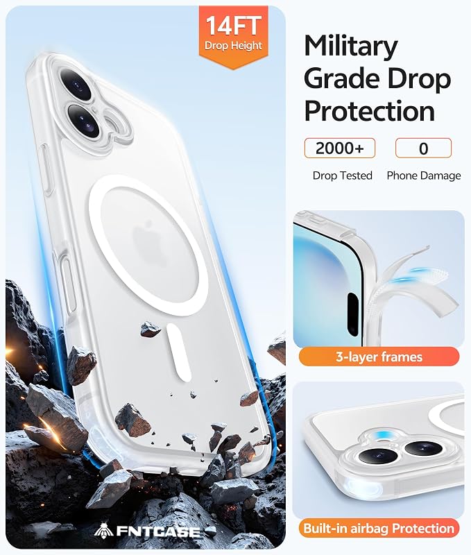 FNTCASE for iPhone 16 Plus Case: [Compatible with Magsafe] Translucent Matte Cases with [Full Camera Protection] [Screen Protector] Military Grade Shockproof Protective Phone Cover - White