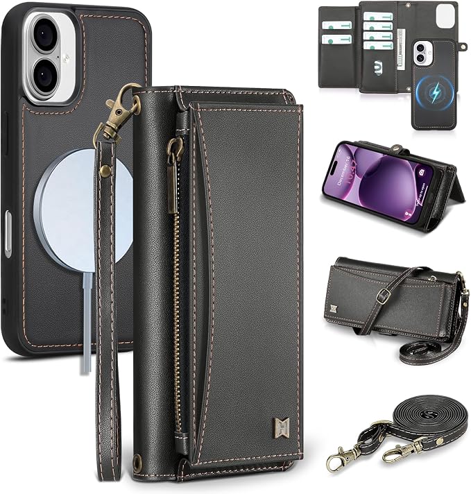 Wallet Case for iPhone 16 Plus with Card Holder/Crossbody Wallet/Strap| RFID Blocking | Magnetic | Kickstand | Detachable | PU Leather Phone Case for iPhone 16 Plus,6.7 in,Black