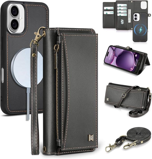 Wallet Case for iPhone 16 Plus with Card Holder/Crossbody Wallet/Strap| RFID Blocking | Magnetic | Kickstand | Detachable | PU Leather Phone Case for iPhone 16 Plus,6.7 in,Black