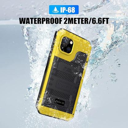 Mitywah Waterproof Case for iPhone 13, Heavy Duty Military Grade Drop Protection Phone Case with Built-in Screen Protector, 360° Full Body Protection Metal Armor Dropproof Case 6.1 inch, Yellow