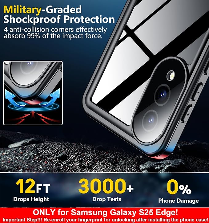 SPIDERCASE Only for Samsung Galaxy S25 Edge Case Waterproof, Built-in Screen & Camera Lens Protector[IP68] [Military Grade Shockproof] Full Protection Only for S25 Edge 6.7”, Black/Clear