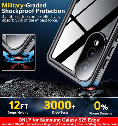 SPIDERCASE Only for Samsung Galaxy S25 Edge Case Waterproof, Built-in Screen & Camera Lens Protector[IP68] [Military Grade Shockproof] Full Protection Only for S25 Edge 6.7”, Black/Clear