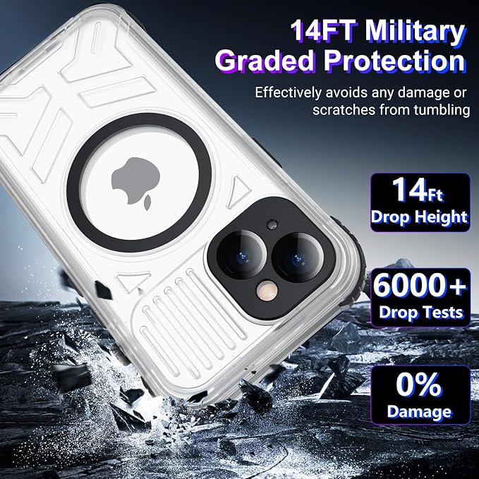 2024 Upgrade for iPhone 15 Case Waterproof,[Compatible With MagSafe][Built-in Screen&Camera Protector][Full Body Dropproof][IP68 Underwater][Clear Sound]Shockproof Phone Case 6.1"Black/Clear