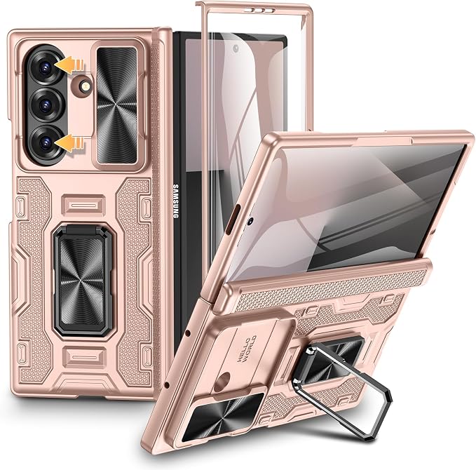 VEGO for Samsung Galaxy Z Fold 7 Case with Stand,Built in Screen Protector | Slide Lens Cover & Hinge Protection Hard Shell Rugged Kickstand Full Body Protective Phone Case for Z Fold 7 2025 - Rose Gold