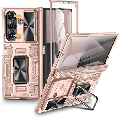 VEGO for Samsung Galaxy Z Fold 7 Case with Stand,Built in Screen Protector | Slide Lens Cover & Hinge Protection Hard Shell Rugged Kickstand Full Body Protective Phone Case for Z Fold 7 2025 - Rose Gold
