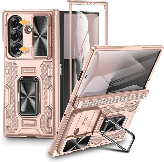 VEGO for Samsung Galaxy Z Fold 7 Case with Stand,Built in Screen Protector | Slide Lens Cover & Hinge Protection Hard Shell Rugged Kickstand Full Body Protective Phone Case for Z Fold 7 2025 - Rose Gold