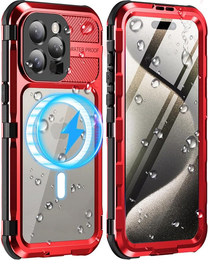 WIFORT for iPhone 15 Pro Max Waterproof Case - Metal Shockproof Phone Case Built-in Screen Protector [IP68 Water Proof][14FT Military Grade ], Heavy Duty Full Body Drop Protection Cover, 6.7" Red