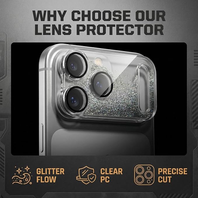HANKN Quicksand Lens for iPhone 17 Pro Camera Lens Tempered Glass Protector, Ultra HD Clear 9H Hardness Anti-Scrach Dynamic Liquid Glitter Sand Cute Cover Strong Adsorption Case Friendly (Silver, iPhone 17 Pro)