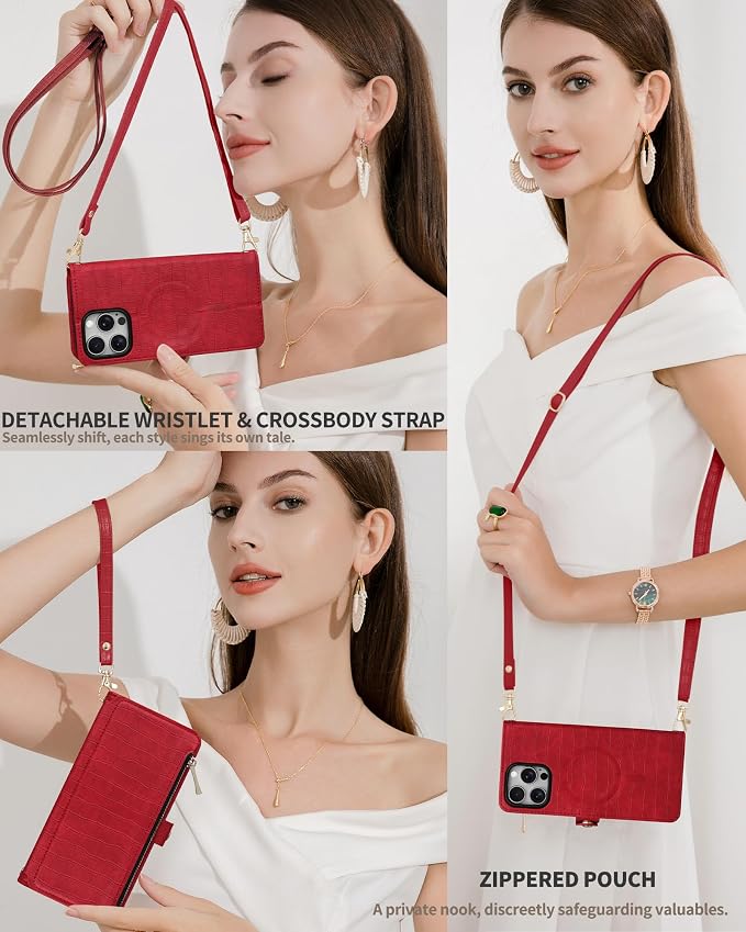 Crossbody Wallet Case for iPhone 16 Pro Max with Mirror, Wrist Strap, Zipper Purse Magnetic Flip RFID Blocking Card Holder, Wireless Charging, PU Leather Shockproof 6.9" Women (Red)