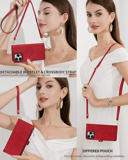 Crossbody Wallet Case for iPhone 14 Pro Max with Mirror, Wrist Strap, Zipper Purse Magnetic Flip RFID Blocking Card Holder, Wireless Charging, PU Leather Shockproof 6.7" Women (Red)