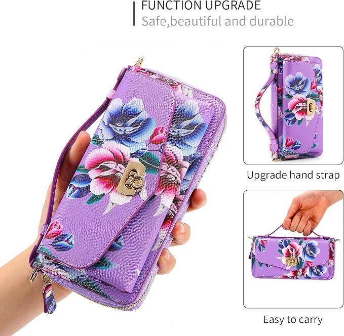 LITOU Compatible for Samsung Galaxy S26 Crossbody Phone Case,Detachable Magnetic,Card Holder,Zipper Leather Wallet Wrist Lanyard Strap Case for Women Men.PurpleFlower