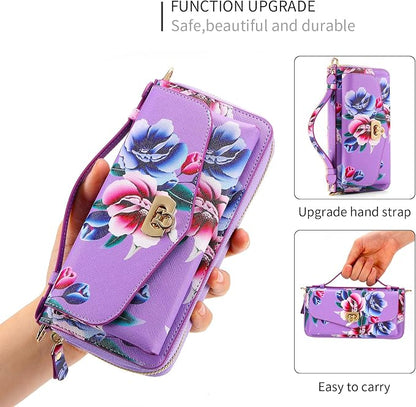 LITOU Compatible for Samsung Galaxy S26 Plus Crossbody Phone Case,Detachable Magnetic,Card Holder,Zipper Leather Wallet Wrist Lanyard Strap Case for Women Men.PurpleFlower
