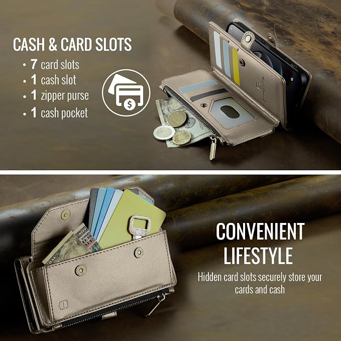 Strapurs Crossbody Wallet Case Compatible with iPhone 17e / iPhone 16e RFID Blocking 7-Card Holder PU Leather Magnetic Snap Shoulder Strap Zipper Pocket Phone Cases for iPhone 17e / 16e - Bronze Gold
