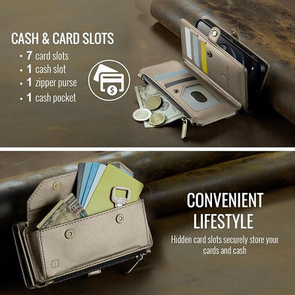 Strapurs Crossbody Wallet Case Compatible with iPhone 17e / iPhone 16e RFID Blocking 7-Card Holder PU Leather Magnetic Snap Shoulder Strap Zipper Pocket Phone Cases for iPhone 17e / 16e - Bronze Gold
