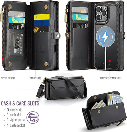 Strapurs for iPhone 16 Pro Detachable Wallet Case Compatible with Magsafe for Women, RFID Blocking 9-Card Holder Zipper Wrist Strap Lanyard PU Leather Magnetic Phone Case for iPhone 16 Pro 6.3", Black