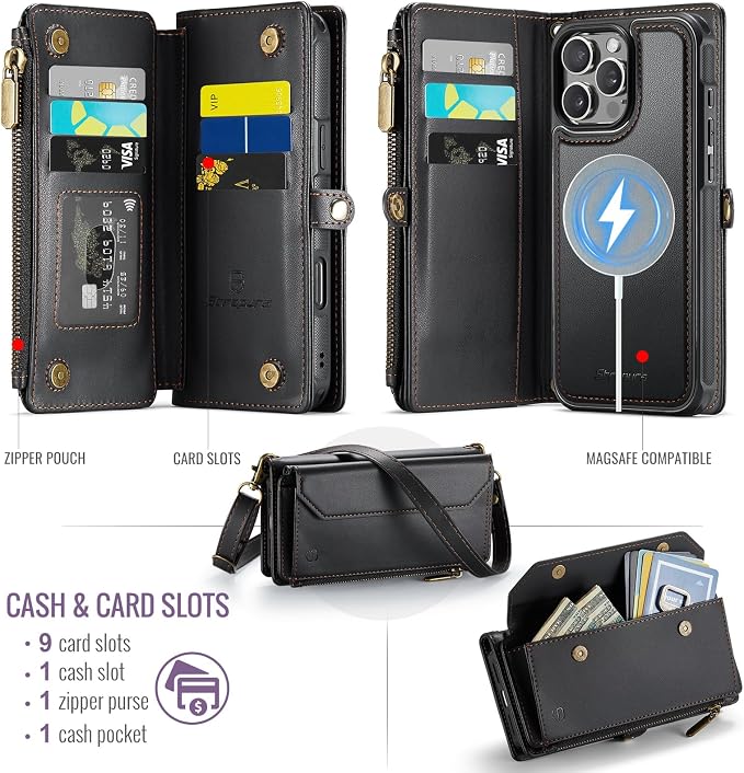Strapurs for iPhone 16 Pro Max Detachable Wallet Case Compatible with Magsafe, RFID Blocking 9-Card Holder Zipper Strap Lanyard PU Leather Magnetic Phone Case for iPhone 16 Pro Max 6.9", Black