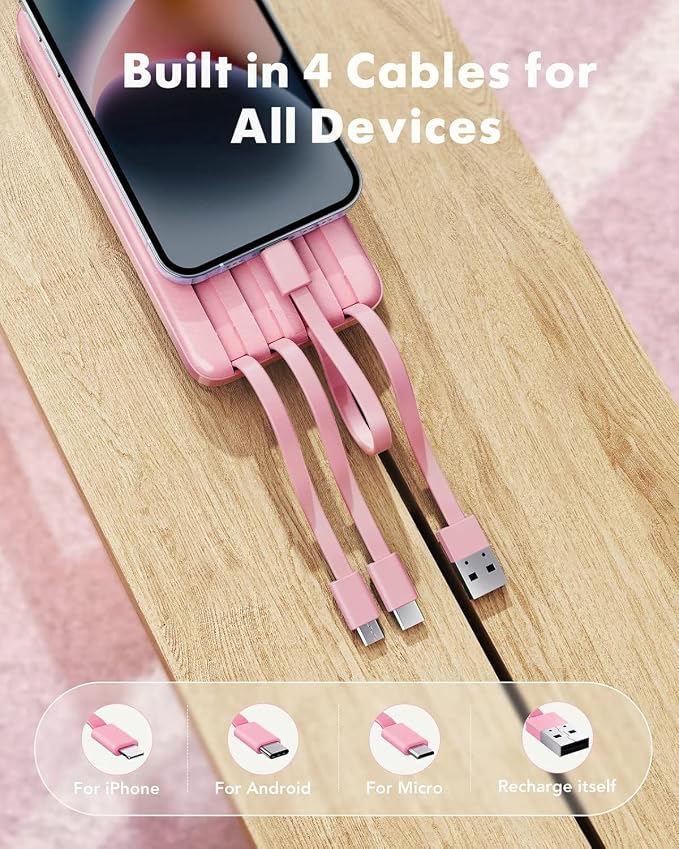 charmast 10000mAh Portable Charger,Built-in 4 Cables,6 Outputs/3 Inputs,3A Fast Charging,Compatible with iPhone,iPad,Samsung,Pixel,LG