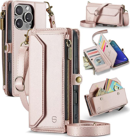 Strapurs Wallet Case Compatible with iPhone 16 Pro Max 6.9" RFID Blocking 10-Card Holder Soft PU Leather Magnetic Snap Shoulder Strap Zipper Pocket Phone Case Fit for iPhone 16 Pro Max - Rose Gold | 6.9", RFID Blocking, 10-Card Holder, Soft PU Leather,...