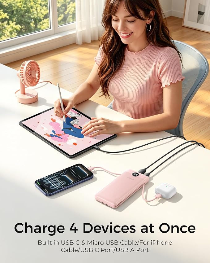 VEGER Portable Charger with Built-in AC Plug and Cables, All in One 10000mAh Ultra Slim Power Bank Travel Essentials, USB C External Battery Pack Compatible with iPhone, Samsung, More, Crepe