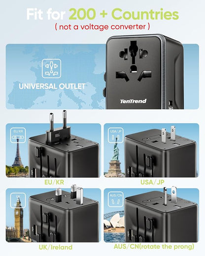 TenTrend Universal Travel Adapter, 45W International Power Adapter with 4 USB-C & 1 USB-A Ports, European Travel Plug Adapter, Worldwide Travel Essentials for EU UK AUS USA