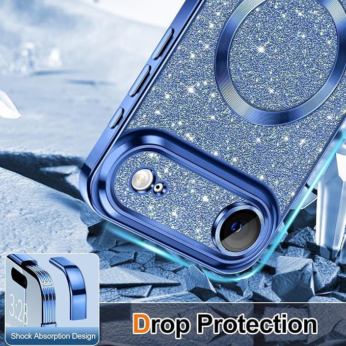 Hython for iPhone Air Case Glitter Clear Magnetic Phone Cases [Compatible with MagSafe] Full Camera Lens Protector Sparkle Luxury Plating Slim Shockproof Protective Cover Women, Deep Blue