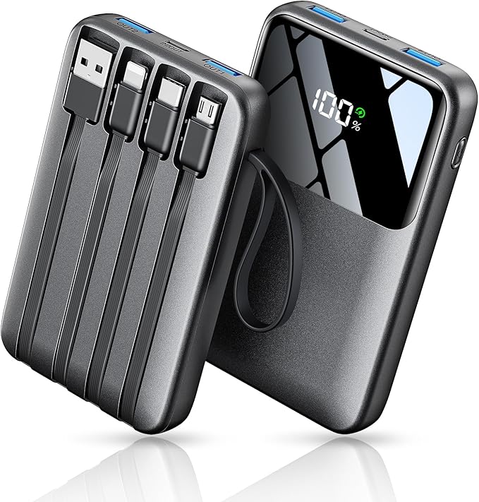 Power Bank, 15000mAh Portable Charger with Built in Cable, 22.5W Fast Charging, 6 Outputs, Slim Travel Essential Battery Pack with LED Display, Compatible with iPhone 17/16/15/14/13, iPad Black