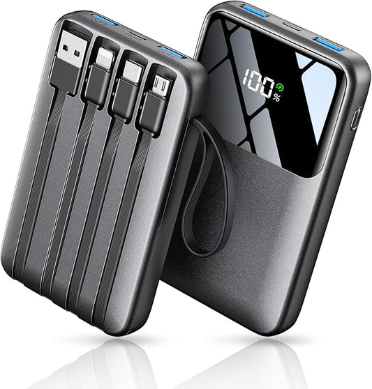 Power Bank, 15000mAh Portable Charger with Built in Cable, 22.5W Fast Charging, 6 Outputs, Slim Travel Essential Battery Pack with LED Display, Compatible with iPhone 17/16/15/14/13, iPad Black