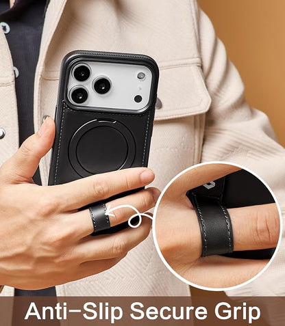 for iPhone 17 Pro Leather Case with Stand, Anti-Slip Grip Ring, Fits for MagSafe (Black, iPhone 17 Pro)