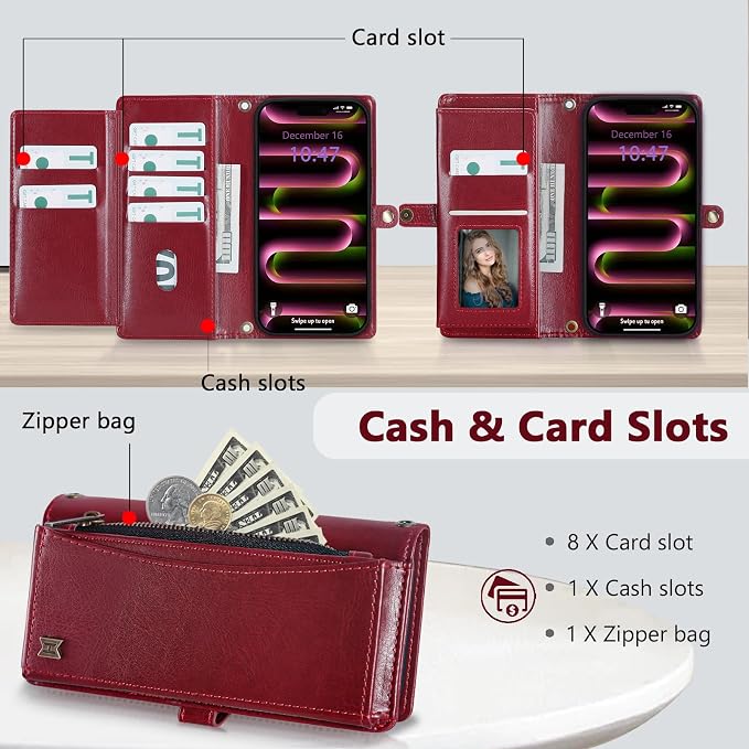Wallet Case for iPhone 16 Pro with Card Holder/Crossbody Wallet/Strap| RFID Blocking | Magnetic | Kickstand | Detachable | PU Leather Phone Case for iPhone 16 Pro,6.3 in,Wine Red